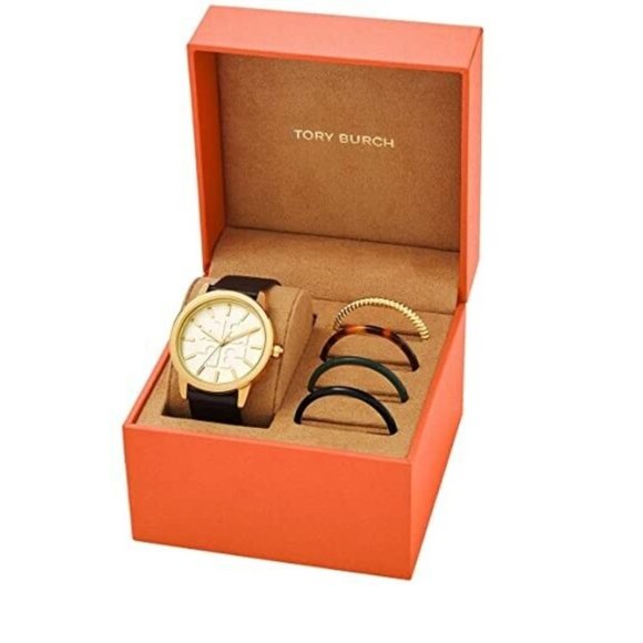 NIB TORY BURCH GIGI GOLD CASE BLACK LEATHER WATCH TOP RINGS GIFT SET TBW2018